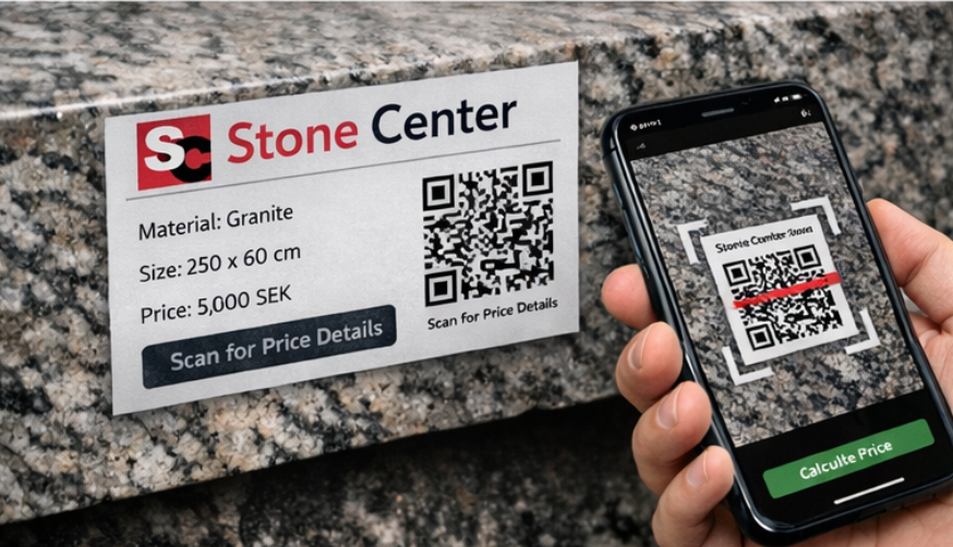 A phone scanning a QR label attached to a physical surface sample to access its digital price configuration.